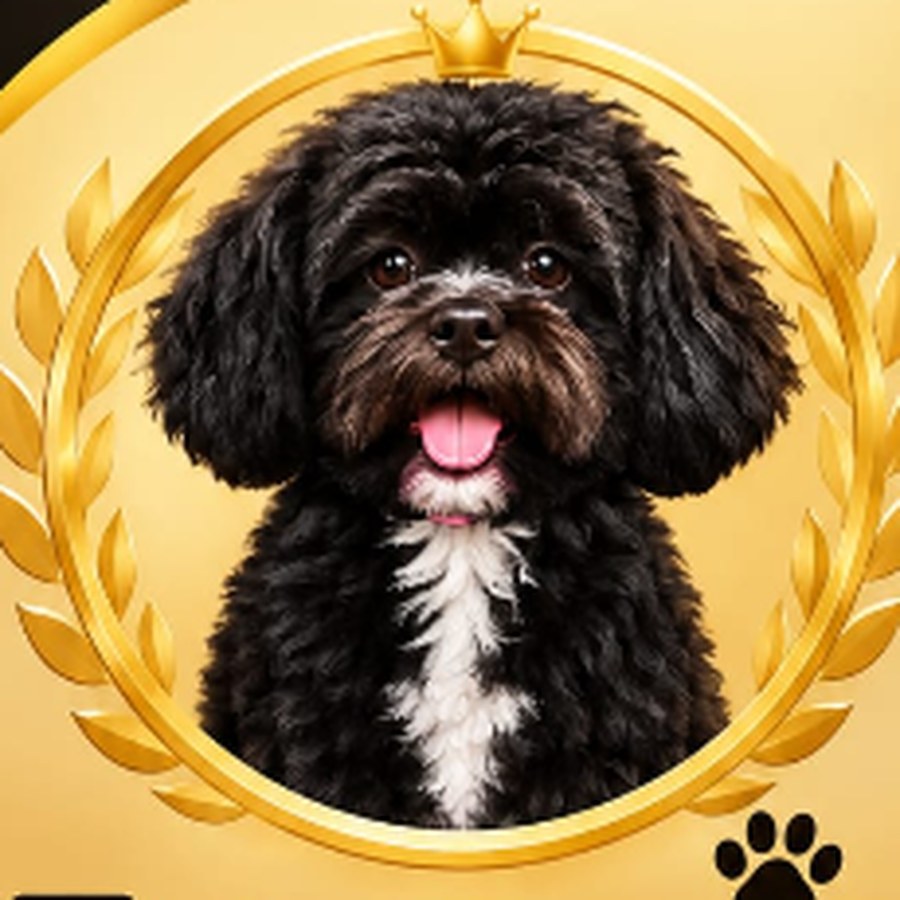 Harvey, perrito negro de pelo rizado con pecho blanco, sacando la lengua