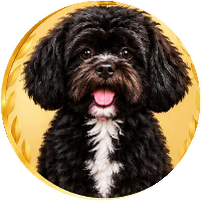 Harvey, el perrito de la peluquería, negro con pecho blanco, sonriendo